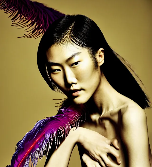 Prompt: photography american portrait of liu wen, natural background, sensual lighting, natural fragile pose, wearing stunning dress with feathers by iris van herpen, with a colorfull makeup. highly detailed, skin grain detail, photography by paolo roversi, nick knight, helmut newton, avedon, araki