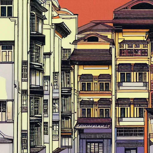 Prompt: a row of shophouses in singapore, art by satoshi kon
