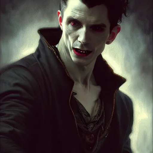 Image similar to portrait painting of actor joseph quinn as a vampire, ultra realistic, concept art, intricate details, eerie, highly detailed, photorealistic, octane render, 8 k, unreal engine. art by artgerm and greg rutkowski and charlie bowater and magali villeneuve and alphonse mucha