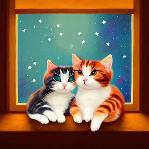Image similar to two cute multi - colored calico cats sleeping inside a cozy home in the evening, stars shining in the night sky through the window,, artstation, cgsociety, storybook art
