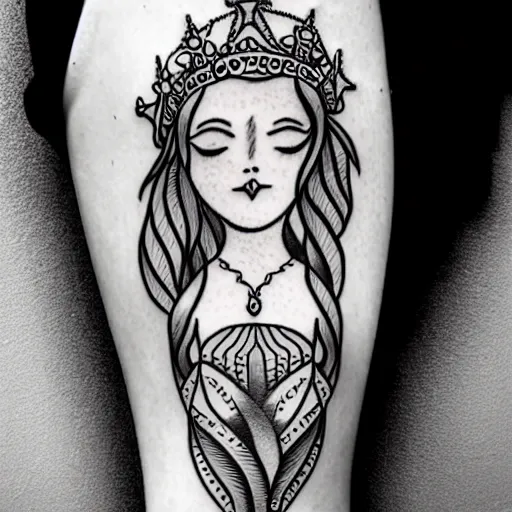 Image similar to a peaceful meditative mermaid wearing a crown, banner across chest, full body, symmetrical, highly detailed black and white new school pinup tattoo design