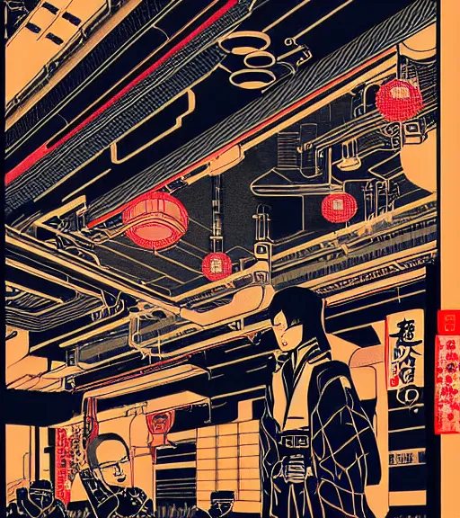 Image similar to futuristic japanese cyberpunk bladerunner silk screen by utagawa yoshiiku, ohara koson, pixiv contest winner, cyberpunk style, cyberpunk color scheme, mechanical, robotic, human machine interface, high resolution, hd