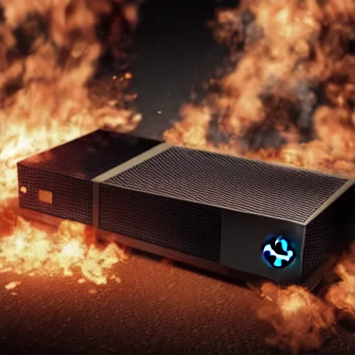 Image similar to Xbox console in fire, 3d, realism