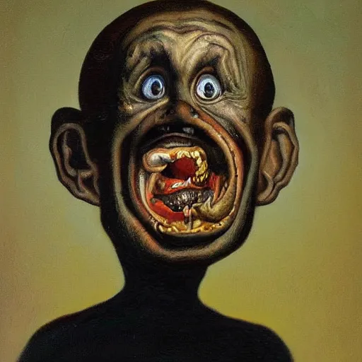 Image similar to oil painting with black background by christian rex van minnen robert williams todd schorr of a portrait of an extremely bizarre disturbing mutated man with acne intense chiaroscuro lighting perfect composition masterpiece