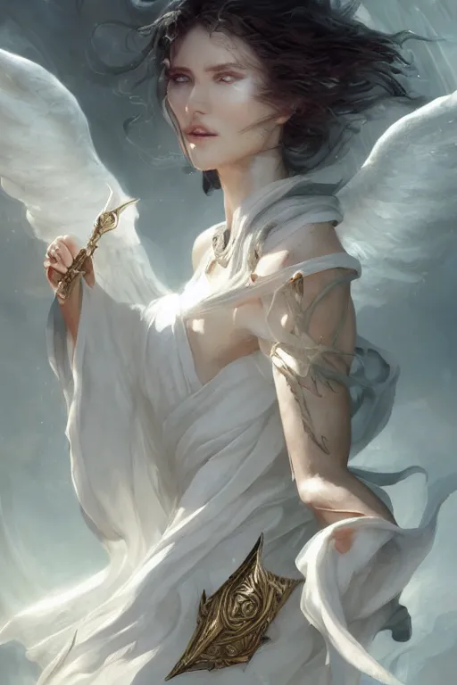 Image similar to beautiful girl warrior in white dress, casting magic spell, angel, magic storm and thunder clouds, fantasy, magic the gathering, hyper detailed, 3 d render, hyper realistic detailed portrait, peter mohrbacher, wlop, ruan jia, luis royo