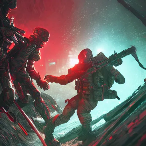 Prompt: tactical combat squad in red hoods fighting otherworldly monsters between the mystical foggy swamp. Style as if Dan Mumford and Tsutomu Nihei make game in Unreal Engine, photorealism, colorful, finalRender iridescent fantasy concept art 8k resolution concept art ink drawing volumetric lighting bioluminescence, plasma, neon, brimming with energy, electricity, power, Colorful Sci-Fi Steampunk Biological Living, cel-shaded, depth, particles, lots of reflective surfaces, subsurface scattering
