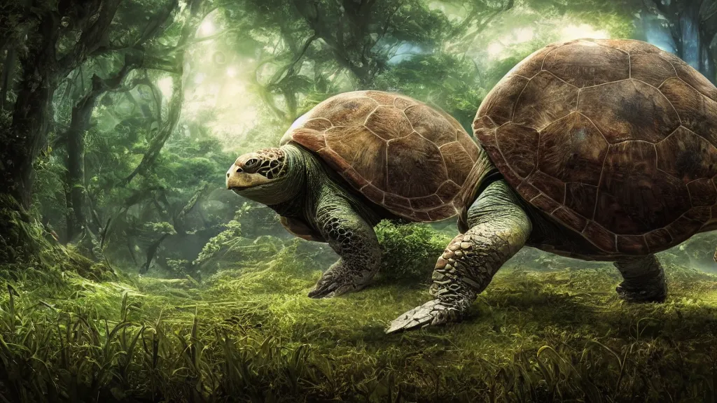 Image similar to the world turtle carrying earth on his back as it floats through space, shell made up of earth, forest shell, fantasy artwork, very very very beautiful scenery, hd, hdr, ue5, ue6, unreal engine 5, cinematic 4k wallpaper, 8k, ultra detailed, high resolution, artstation, award winning