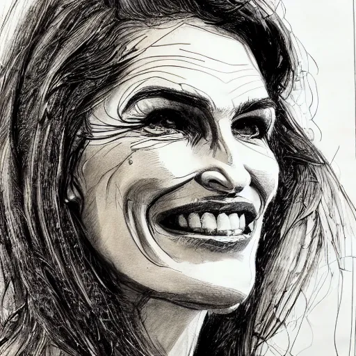 Image similar to a realistic yet scraggly portrait sketch of the side profile of a happy cindy crawford, trending on artstation, intricate details, in the style of frank auerbach, in the style of sergio aragones, in the style of martin ansin, in the style of david aja, in the style of mattias adolfsson