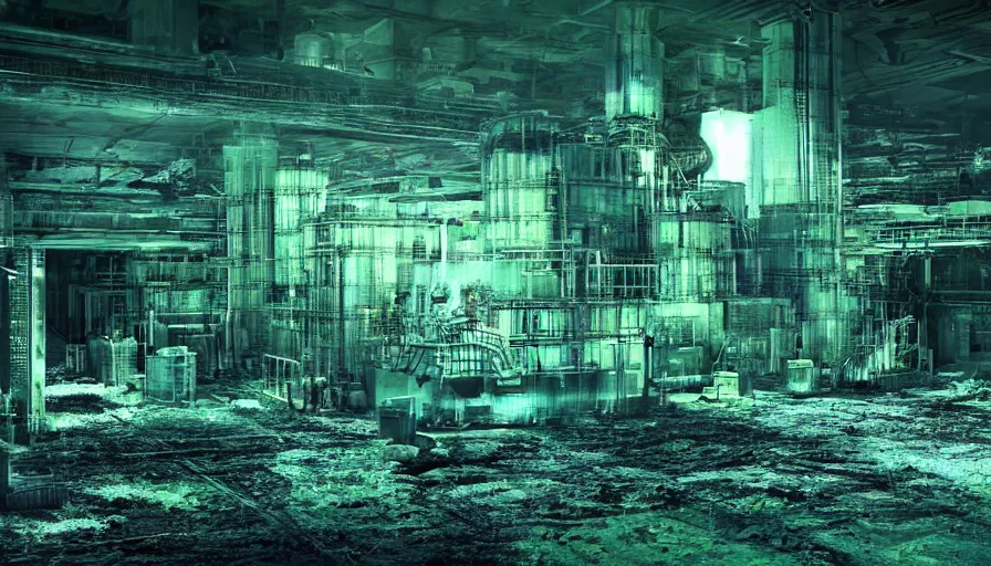 Image similar to Glowing Nuclear Waste Fluids Gush out of a Nuclear Facility, Dystopian, Hyperrealistic Rendering, Cinematic Lighting, High Contrast