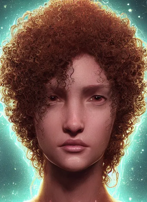 Image similar to glowwave portrait of a curly hair alien from star wars, au naturel, hyper detailed, digital art, trending in artstation, cinematic lighting, studio quality, smooth render, unreal engine 5 rendered, octane rendered, art style by klimt and nixeu and ian sprigger and wlop and krenz cushart.