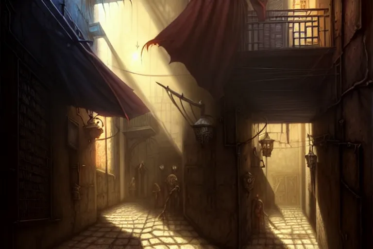 Prompt: a shadowy alleyway in the city of tyr from athas, amazing dark sun d & d art, by gerald brom, by wlop, intricate details, ultra realistic, beautiful, volumetric lighting, warm colors advance cool colors recede, the rule of thirds, by greg rutkowski, trending cgsociety, artstation
