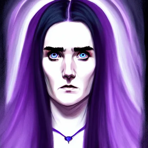 Prompt: I'm the style of Phil Noto, beautiful witch spooky female, Jennifer Connelly, blue and purple glowing hair, perfect eyes perfect symmetrical eyes, symmetrical face, dark forest background, painterly style