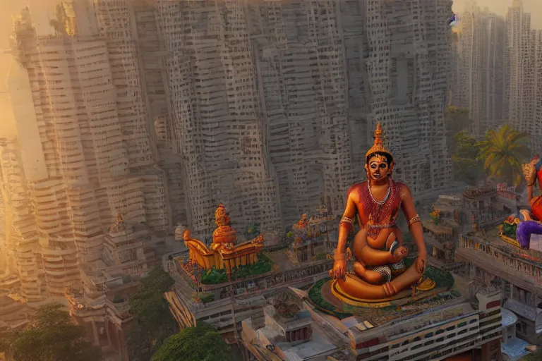 Image similar to high quality 3 d dreamscape! mumbai with biomorphic hanuman!! head building, kalighat highly detailed, unreal engine cinematic smooth, stephen shore & john j. park, soft morning light, wide shot, high angle, uhd 8 k, deep focus