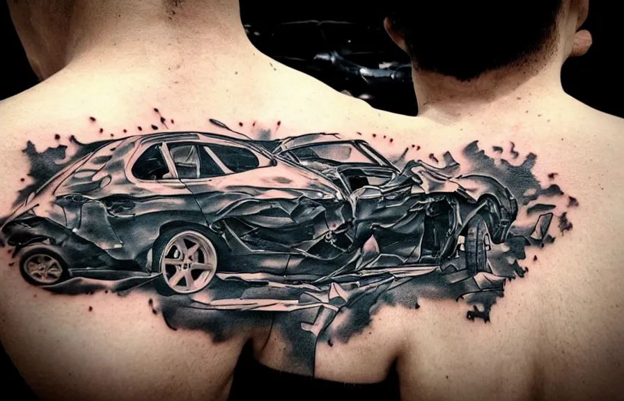 Image similar to demolished car, tattoo art