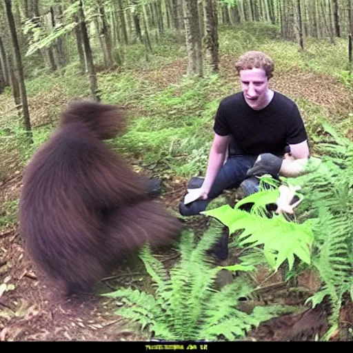 Image similar to trail cam footage mark zuckerberg caught selling drugs to bigfoot