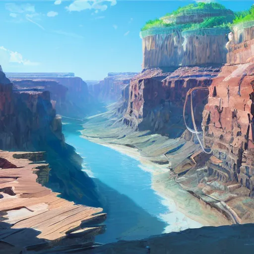 Image similar to concept art painting of a wide grand canyon with ocean inside, giant river, with unfinished bridge under construction, realistic, detailed, cel shaded, in the style of makoto shinkai and greg rutkowski and james gurney