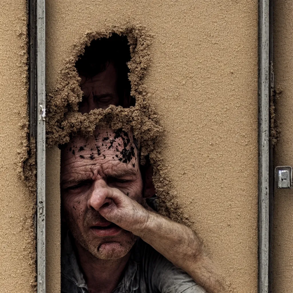 Prompt: close - up of a man is huddled in the corner of a sandy room, a heavy metal door and rusty pipes, sand and smoke are falling, blurred, faded, depth of field, sunny, ultra realistic, very detailed, by nadav kander, 8 k hyper realistic detailed cinematic still