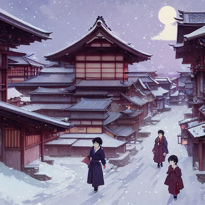 Prompt: japanese rural town, winter, in the style of studio ghibli, cinematic, j. c. leyendecker, greg rutkowski, artem, john harris