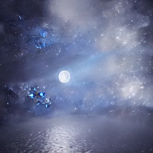 Image similar to a full moon with a triangle behind in the middle of the galaxy, hyperrealism, octane render, 4 k