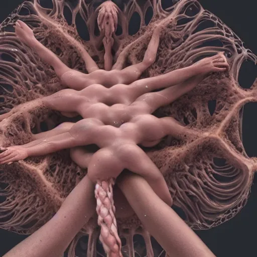 Image similar to closeup of beautiful multiracial human bodies intertwined, bodies blooming, 3 d fractals, mandelbulb, dripping wet, skin, macro photography, anamorphic bokeh, long exposure, highly detailed, hyperrealism, cinematic