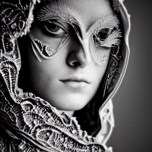 Prompt: an award finning closeup photo by a famous portrait photographer of a beautiful female bohemian cyberpunk techno rock musician aged 2 1 in filigree fractal robes