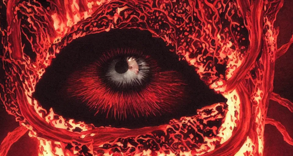 Image similar to a volcano made of ivory vines and crimson rocks enters in eruption, it spits a smoke in the shape of demonic eye, by Hajime Isayama