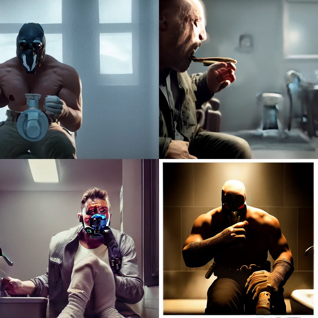 Prompt: Bane from the dark knight rises smoking a cigar while sitting on the toilet, ominous, ray tracing, unreal 5, hyperrealistic