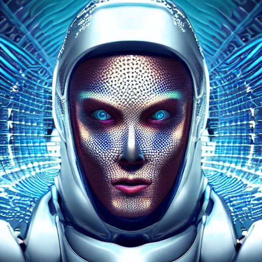 Image similar to an insanely detailed cibernetic artwork of a futuristic artificial intelligence superstar, extremely detailed water texture, centered image, perfectly symmetrical alien face, with frames made of detailed fractals, octane render, 4k, insanely detailed, detailed grid as background, photorealistic digital art, sunset colors, cgi