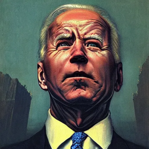 Image similar to portrait of immense, majestic, surreal, terrifying joe!!!! biden!!! crushing the city, perfectly clear face, by j. c. leyendecker, bosch, and beksinski