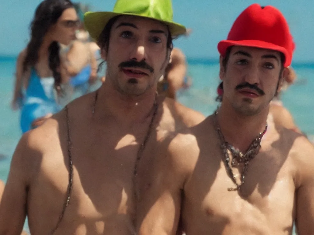 Image similar to Close up of mario in a hat in Harmony Korine Spring Breakers film aesthetic!!!