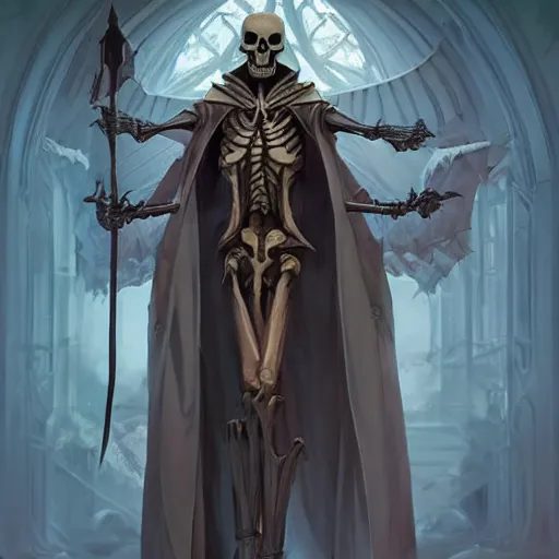 Image similar to Tall skeleton overlord, covered with royal robes, magic caster, wide shoulders, evil aura, full body shot, digital pencil art, fantasy, isekai, art by artgerm and greg rutkowski and alphonse mucha