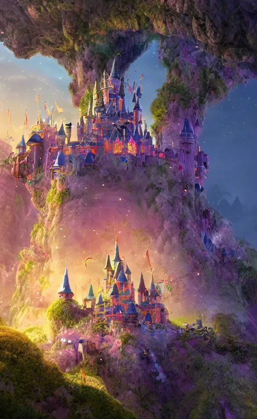 Image similar to microscopic castle on a hill, magical forest, community, robots, electric, furry, soft, concept art, intricate details, highly detailed, photorealistic, disney pixar, octane render, iridescent, anime, 8 k