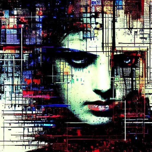 Image similar to portrait of a hooded beautiful women, mysterious, glitch effects over the eyes, shadows, by Guy Denning, by Johannes Itten, by Russ Mills, centered, glitch art, innocent, clear skin, hacking effects, chromatic, cyberpunk, color blocking, digital art, concept art, abstract