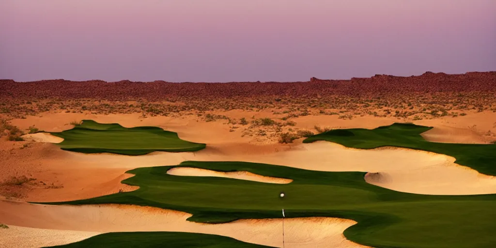 Image similar to a great photograph of the most amazing golf hole in the world, fairway in the sahara desert, ambient light, golf digest, top 1 0 0,