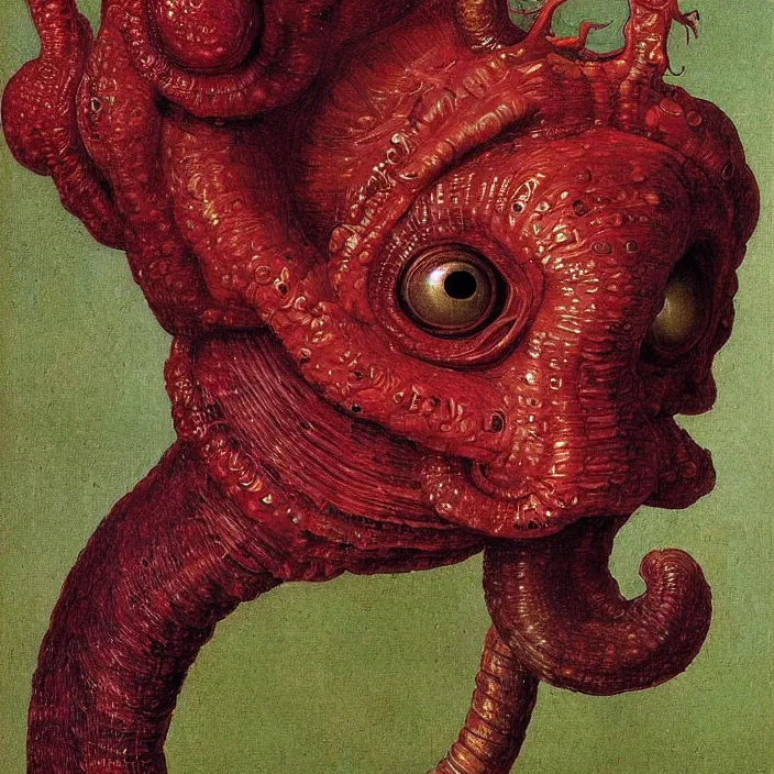 Prompt: close up portrait of a mutant monster creature with face in the shape of a colorful exotic dark red carnivorous plant, snail - like protruding eyes. by jan van eyck, audubon