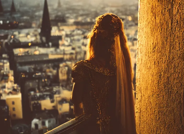 Prompt: a beautiful queen stands on a balcony overlooking a fantasy medieval gothic city, beautiful dramatic golden light and glow rays, 3 5 mm photography