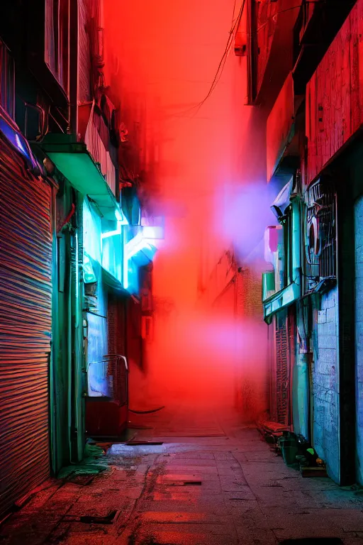 Prompt: cityscape alley way, cyberpunk, diffused lighting, with red and blue neon lighting, fog, trash and dumpsters in the alley, cartoon digital art, by tae young choi and dang my linh, 8 k dop dof hdr