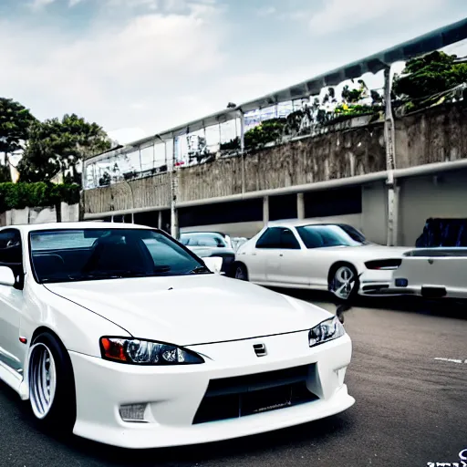 Prompt: white Nissan Silvia S15 made in 2020 modern Silvia S15 designed in 2020 parked on street wide angle photo 45mm mid distance