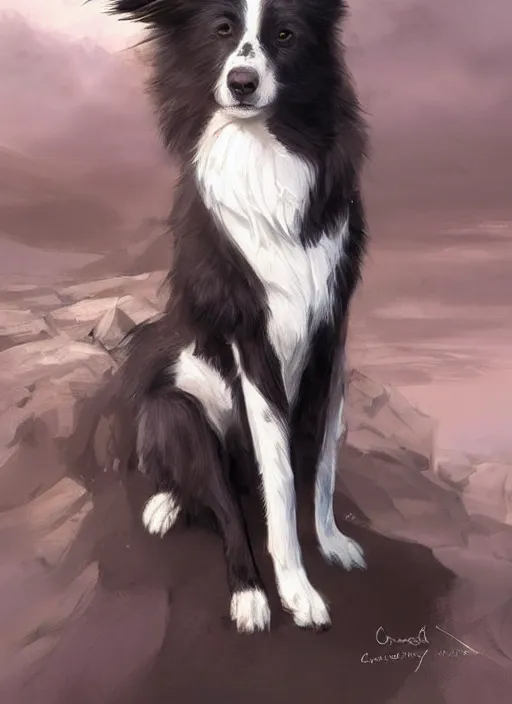 Image similar to beautiful portrait of a cute male anthropomorphic border collie fursona wearing a suit downtown. by charlie bowater, henry asencio, and ross tran. scenic background, detailed, concept art, detailed hands, glamor pose, aesthetic, trending on artstation, top rated on furaffinity and deviantart