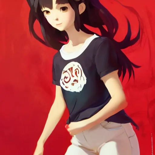 Image similar to Full body, splash art by WLOP, Ilya kuvshinov, Krenz Cushart, and Greg Rutkowski, trending on artstation. Realistic fantasy cute Latina Pixar-style young girl, expressing joy, silky hair, wearing a red-sleeved white t-shirt with jeans, she has fire powers, her hair glows super glowy fire, Cinematic dramatic atmosphere of a mystic forest, sharp focus, soft volumetric studio lighting.