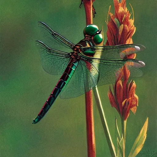 Prompt: emerald dragonfly close-up, Art by william adolphe bouguereau. During golden hour. Extremely detailed. Beautiful. 4K. Award winning.