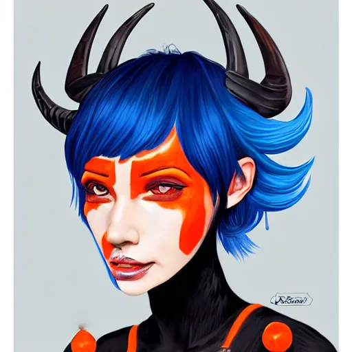 Prompt: illustrated realistic portrait of ram-horned devil woman with blue bob hairstyle and her tangerine colored skin and with solid black eyes wearing leather by rossdraws