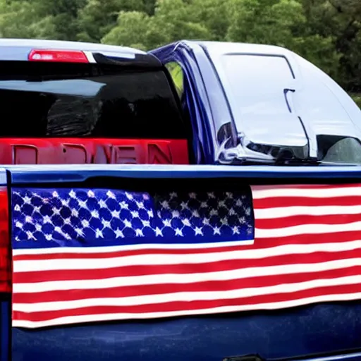 Prompt: photo of biden pickup truck with american flags, there are very attractive woman in the back of the truck by the tailgate in bikinis.