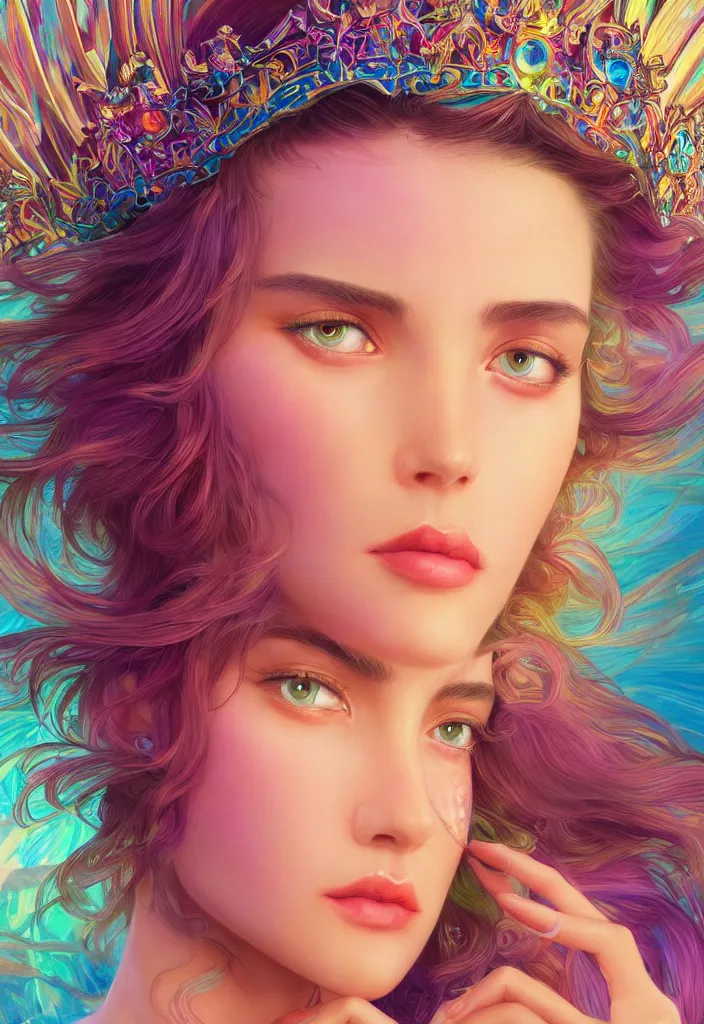 Image similar to beautiful, young woman, detailed gorgeous face, vaporwave aesthetic, synthwave, colorful, psychedelic, water droplets, feathers, crown, artstation, concept art, smooth, extremely sharp detail, finely tuned detail, ultra high definition, 8 k, unreal engine 5, ultra sharp focus, illustration, art by artgerm and greg rutkowski and alphonse mucha