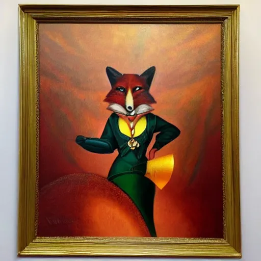 Prompt: an image of a beautiful fox in the style of archibald motley, jr., baroque, steampunk, baroque, oil on canvas