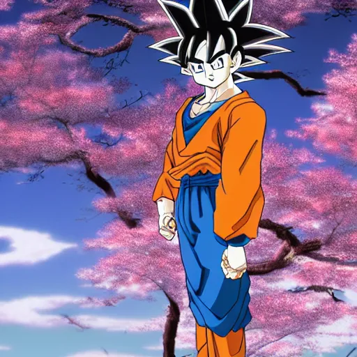 Image similar to highly detailed photo of goku wearing tuxedo standing in front of sakura trees, anime concept art, highly detailed, 8 k