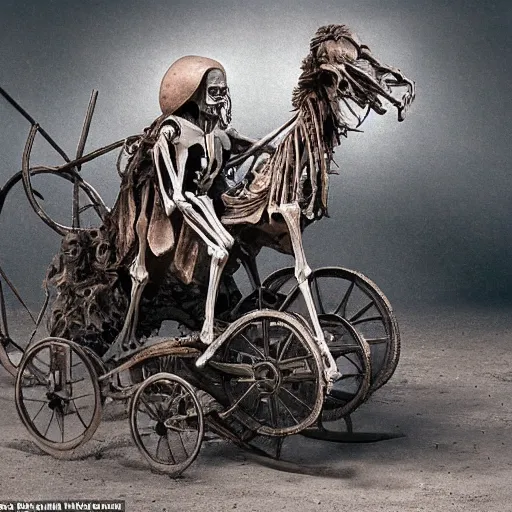 Prompt: The mixed mediart features a human figure driving a chariot. The figure is skeletal and frail, with a large head and eyes. The chariot is pulled by two animals, which are also skeletal and frail. slow shutter speed by Alex Ross rich