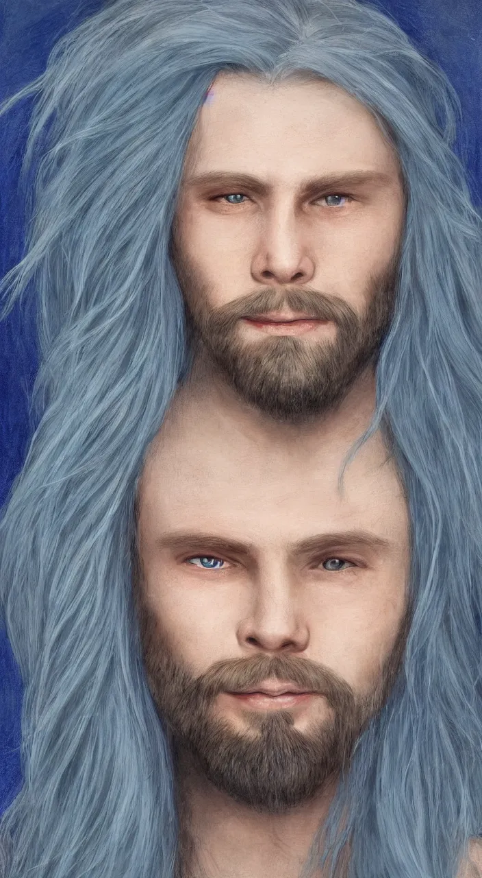 Image similar to a man with long blue hair and a goatee : : human face, blue eyes, pale skin, smiling slightly, looking towards camera : : portrait : : photorealistic