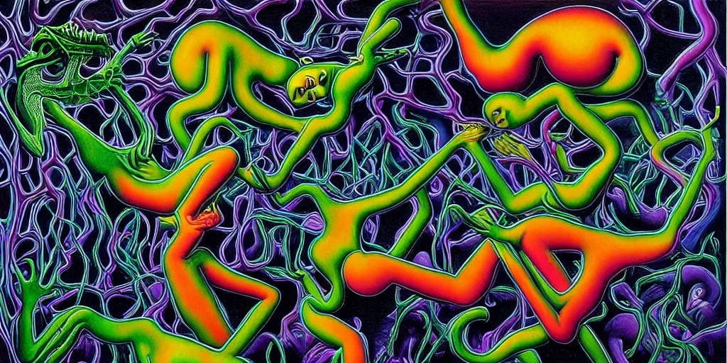 Prompt: basilisk, pain, pleasure, suffering, adventure, alex grey psychedelic dripping color love, abstract oil painting by mc escher and salvador dali gottfried helnwein