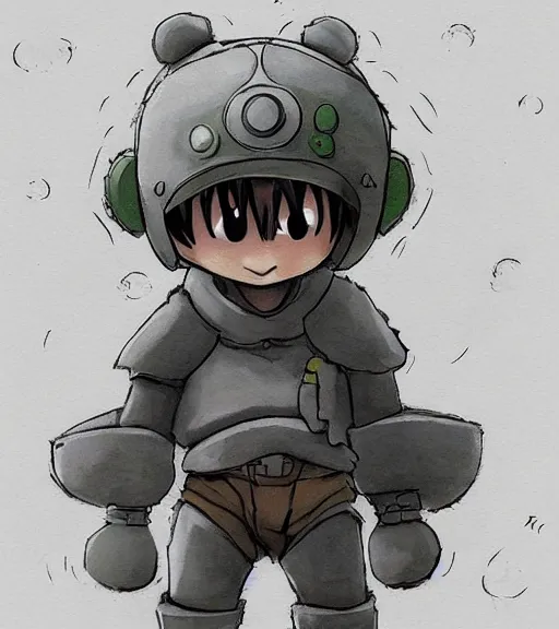 Image similar to beautiful little boy wearing an cyborg bear suit, artwork in kentaro miura and made in abyss and sakimichan, inspired in super bomberman, smooth, beautiful lightness, anatomically correct, trending on pixiv, space